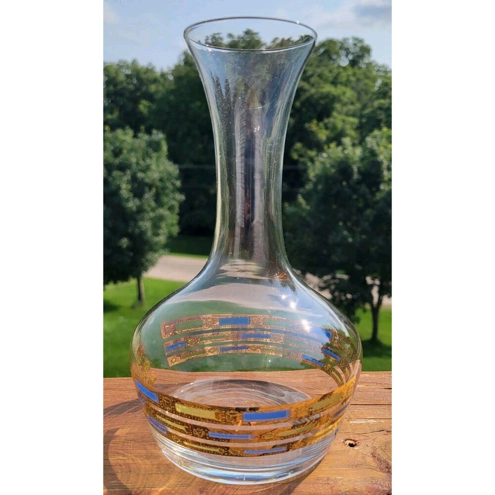 Vintage Culver 22k Gold Blue Empress Glass Carafe Decanter MCM Blue Green Retro